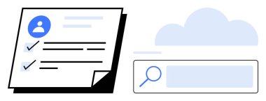 Bir bulut ve arama çubuğunun yanında kullanıcı detayları ve kontrol listesi içeren belge. Veri depolama, görev yönetimi, kullanıcı profilleri, bilgi edinme, bulut hizmetleri, takım çalışması, basit