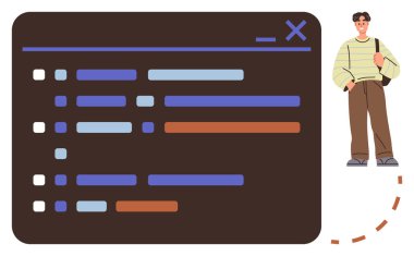 Sırt çantalı bir adam renkli kod satırları ve işaretleri gösteren bir ekranın yanında duruyor. Teknoloji, programlama, geliştirme, eğitim, kodlama dersleri, dijital tasarım için ideal