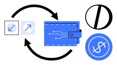 Yön işaretlerine ve para birimi simgesine oklarla bağlanan net devre tasarımı olan dijital cüzdan. E-ticaret, fintech, ödeme çözümleri, kripto para birimi, işlemler, para hareketi için ideal