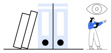 Yanında tablet taşıyan bir kadın ve dikkat çeken bir göz sembolü olan büyük bir belge. Organizasyon, analiz, ofis işleri, evrak yönetimi, inceleme, çalışma için ideal, basit