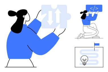 Elinde oklarla yapboz tutan kadın diz çökmüş kadın yazı kodları, bayrak ile fikre giden yol. Takım çalışması, problem çözme, kodlama, yenilik, işbirliği, basit iniş sayfası planlama için ideal