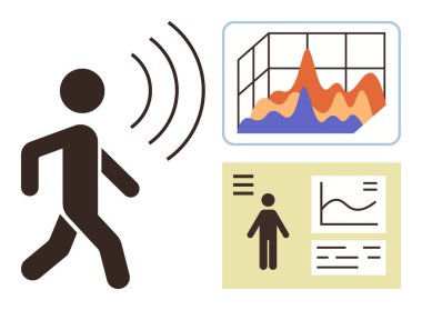 Veri analizi yapan grafiklerin yanında dalgalar yayan stilize kişi. Teknoloji için ideal, giyilebilir cihazlar, veri takibi, sağlık izleme, istatistik, araştırma, basit düz metafor
