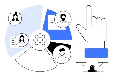 Takım üyesi profillerine sahip dairesel grafik, süreç için vites simgesi, etkileşimi sembolize eden büyük el işaretçisi ve adalet için denge ölçeği. Takım çalışması, karar verme ve eşitlik için ideal.