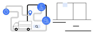 Yol haritasında konum işaretleri, kronometre, fabrika ve depo simgeleriyle teslimat kamyonu var. Lojistik, dağıtım hizmetleri, tedarik zinciri, zaman yönetimi, rota optimizasyonu verimliliği için ideal