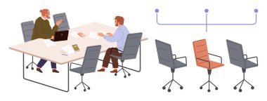 İki meslektaş bir masada dizüstü bilgisayar, kitap ve kağıtları tartışıyor. Bitişik sandalyeler bir bağlantı diyagramı ile birbirine bağlı. Takım çalışması, beyin fırtınası, işbirliği, ofis planlaması için ideal.