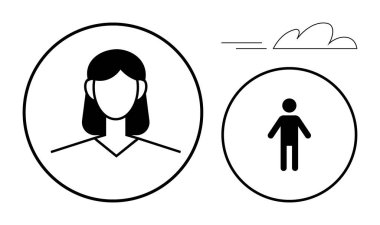 Bir dairedeki bir kadının minimalist çizimi ve soyut çizgileri ve bulutları olan daha küçük bir insan figürü. Takım çalışması, iletişim, liderlik, organizasyon, akıl hocalığı için ideal