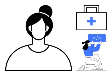 Kadın vesikalığı, tıbbi malzeme ikonu ve ekranda kod oluşturan geliştirici. Teknoloji, sağlık, profil, eğitim, uygulamalar, takım yönetimi ve basit bir iniş sayfası için ideal