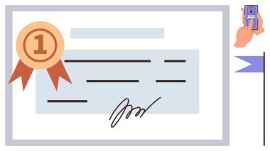 Bir numaralı kurdeleli sertifika, el yazısı imzalı ve onay için damgalama eli. Eğitim, başarı, sertifika, başarı, tanınma, resmi onay veya ödül için ideal