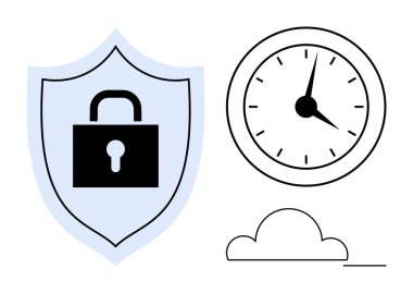 Kilit sembollü kalkan, elleri tek seferde gösteren saat ve minimalist bulut grafiği. Siber güvenlik, zaman yönetimi, koruma, gizlilik, bulut hesaplama, veri depolama basit dairesi için ideal