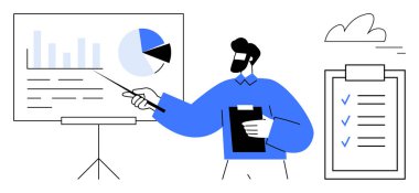 Ekranda elinde işaret ve pano olan grafikler, yanında da kontrol listesi sunan kişi. İş planlaması, veri analizi, sunum, yönetim, iş akışı, strateji, basit iniş için ideal