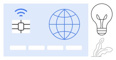 Teknoloji çipi, kablosuz, küresel ağ küresi, boş alanlar, fikirleri temsil eden ampul ve soyut bitki. Yenilik, bağlantı, dijital iletişim güvenlik ağı için ideal