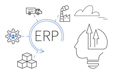 Oklarla çevrili ERP metni, fabrika, kamyon, bulut, teçhizat, kutular, oklu kafa. Ticari lojistik yönetimi yenilik otomasyon planlama stratejisi için idealdir. Basit düz metafor