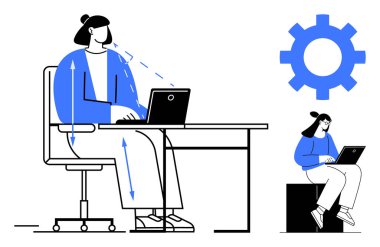 Ergonomik olarak masada dizüstü bilgisayarla oturan bir kadın, bir diğeri de blok daktilosunda oturuyor. Vites sembolü. Üretkenlik, ergonomik, işyeri sağlığı, çevrimiçi öğrenme, ofis kurulum ipuçları, iş akışı için ideal