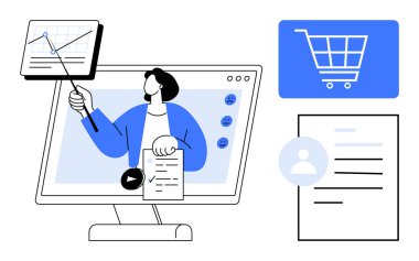 Sunucu ekrandaki grafiğe, belgeye ve el arabası ikonuna işaret ederek eğitim, e-ticaret ve üretkenliği birleştirdi. Çevrimiçi öğretim, veri analizi, iş, e-ticaret kullanıcı yönetimi için ideal