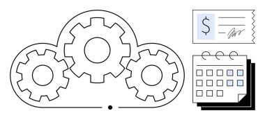 Bulut bilgisayar vitesleri takvim ve makbuzla bütünleşti, işbirliğini, otomasyonu, finansal planlamayı, teslim tarihlerini ve verimli iş akışını temsil ediyor. Teknoloji, iş, yenilik için ideal