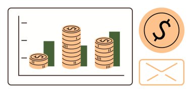 Madeni para yığınlarının bar tablosunda artması finansal başarıyı ve karı iletir. Dolar amblemi ve zarf simgesi içerir. İş, muhasebe, yatırım, bütçe, pazarlama, iletişim için ideal