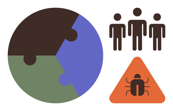 Puzzle-piece globe for unity, human figures for collaboration, and insect hazard triangle for environmental risks. Ideal for sustainability, teamwork, ecology, global issues, risk management