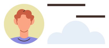 Bulut ve mesajın yanında kısa dalgalı saçlı bir kafatası avatarı. Veri depolama, iletişim, sosyal ağ, web servisi, teknoloji, bulut hesaplama, sanal profil için ideal. Basit düz metafor