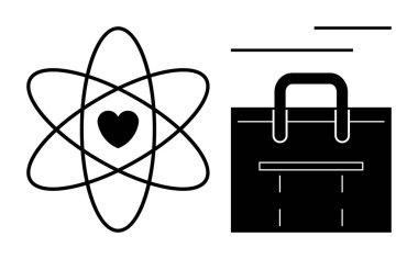 İçinde dinamik çizgiler olan bir alışveriş torbası olan atom sembolünün içindeki kalp. Bilim, teknoloji, ticaret, sürdürülebilirlik, yenilik, denge, pazarlama konuları için idealdir. Basit düz metafor
