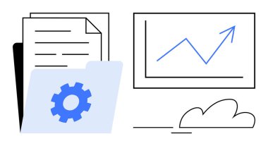 Ekranda ilerlemeyi temsil eden dişli simgesi, belgesi ve artan satır grafiği olan dizin. Veri analizi, dosya yönetimi, üretkenlik araçları, büyüme, iş stratejisi, bulut hesaplama için ideal