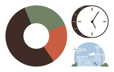 Minimalist pasta tablosu, saat ve havaalanı sahnesi veri analizi, zaman yönetimi, seyahat planlaması, lojistik, verimlilik, karar verme ve modern iş süreçlerini temsil ediyor. İdeal