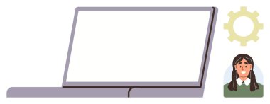 Boş ekranlı dizüstü bilgisayar, vites sembolü, kullanıcı avatar portresi. Uzaktan çalışma, teknoloji, iletişim, dijital araçlar, iş akışı ekibi işbirliği eğitimi için idealdir. Basit düz metafor