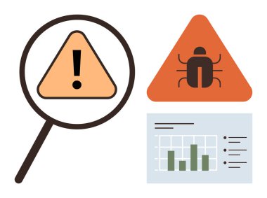 Analiz için çubuk grafiği olan büyüteç renklendirme uyarısı ve hata uyarı tabelaları. Siber güvenlik, yazılım testi, tehdit tespit, veri analizi, hata izleme, risk değerlendirmesi için ideal