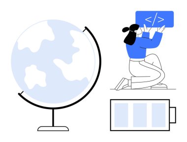 Ekranda kod üzerinde çalışan kadın, küresel bağlantıyı temsil eden küre, enerji kullanımını gösteren pil. Teknolojik yenilik, sürdürülebilirlik, enerji, küresel ulaşım, eğitim, eko-teknoloji için ideal