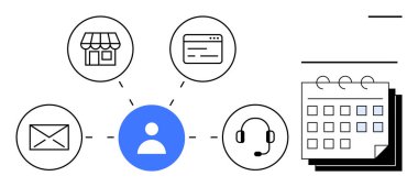 E- posta, depolama, web, kulaklık ve takvim simgelerine bağlı merkezi kullanıcı simgesi. Organizasyon, planlama, yönetim iletişimi müşteri hizmetleri ve bağlantı için ideal. Basitleştirilmiş