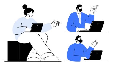 Meslektaşlar tartışır, fikirleri jestler ve dizüstü bilgisayarlarla paylaşırlar. Takım çalışması, iletişim, ofis kültürü, beyin fırtınası, uzaktan çalışma, işbirliği liderliği için ideal. Basit düz