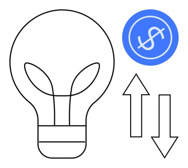 Enerji yeniliği, mali kararlar, maliyet yönetimi, sürdürülebilirlik, yatırım, ekonomik büyüme, basit düz yasaları temsil eden, yukarı ve aşağı oklar yanında para birimi sembolü olan ampul