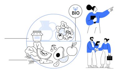 Çemberin içinde taze meyve, sebze, kavanoz ve sürahi organik biyolojik odağı vurguluyor. Profesyoneller tartışıyor ve tokalaşıyor. Beslenme, sağlık, takım çalışması sürdürülebilirlik için ideal