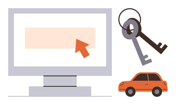 Монитор со стрелкой на экране, двумя металлическими ключами и оранжевой машиной, представляющей доступ к цифровым ключам. Идеально подходит для безопасности, технологий, транспорта, автомобилей, аренды собственности инноваций. Простая квартира