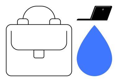 Siyah çizilmiş evrak çantası, dizüstü bilgisayar ve mavi su damlası. İş hayatı uyumu, verimlilik, organizasyon, teknoloji, çevre hidrasyonu modern yaşam tarzı için idealdir. Temiz ve basit düz metafor