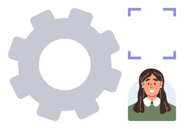 Bir insanın portresinin ve odak parantezinin yanında vites sembolü. Kullanıcı ayarları, teknoloji, sistem entegrasyonu, profil seçimi, kimlik, kişiselleştirme, otomasyon için ideal. Basit düz metafor