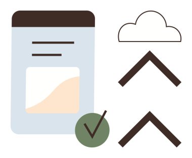 Veri depolama arayüzü, bulut simgesi, yukarı doğru oklar ve yeşil işaretleme eşgüdümleme, güvenlik ve verimliliği teknoloji, veri yönetimi, otomasyon, planlama bağlantıları basit