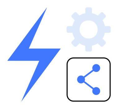 Mavi yıldırım, dişli ve ağ paylaşım simgesi hız, optimizasyon ve bağlantıyı simgeliyor. Teknoloji, yenilik, ağ oluşturma, otomasyon yazılımı enerjisi için ideal basit iniş