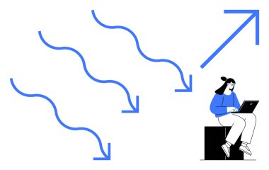 Dizüstü bilgisayarının yanında oturan bir kadın yukarı doğru giden oklara dönüşüyor. Takım çalışması, üretkenlik, büyüme, zorlukların üstesinden gelme, uyum sağlama, yenilik ve hedef belirleme için ideal