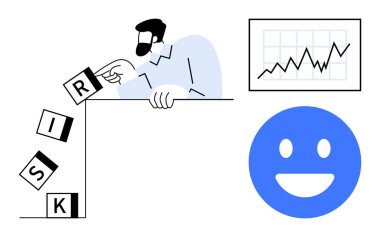 İstikrar için risk bloklarını yeniden düzenleyen, büyüme ölçülerini gösteren mavi mutlu yüz başarıyı simgeliyor. Risk yönetimi, karar verme, takım çalışması, analitik ve optimizasyon için ideal