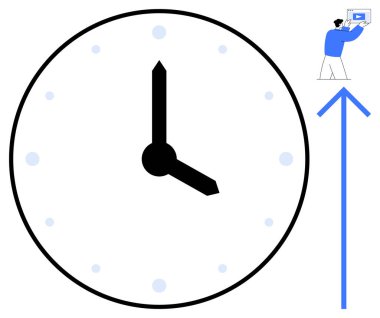 Cesur elleri ve noktalı saat işaretleri olan bir saat, yukarı doğru mavi ok, bilgisayar kullanan bir insan. Zaman yönetimi, üretkenlik, büyüme, teslim tarihi, verimlilik, basit iniş sayfası planlama için ideal