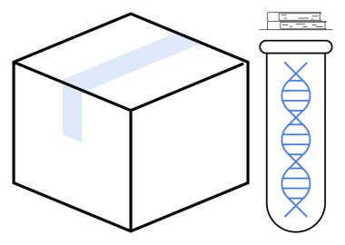 Karton kutunun yanında DNA çift sarmal içeren test tüpü genetik, bilim ve lojistiği birbirine bağlıyor. Araştırma, biyoteknoloji, dağıtım, yenilik, sağlık paketi eğitimi için ideal