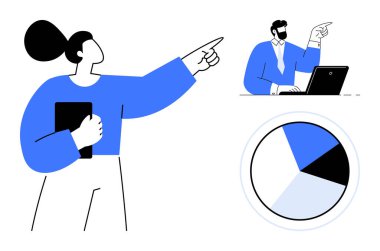 Dizüstü bilgisayarda profesyonel bir adam ve elinde tablet bulunan kadın, bir pasta grafiğinin yanında hedeflere doğru gidiyorlar. İş, strateji, takım çalışması, liderlik, planlama, iletişim işbirliği için ideal. Basit düz