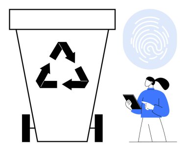 Çevre dostu sembollü büyük bir geri dönüşüm kutusu elinde tablet olan bir kadın ve dijital parmak izi tasarımı. Sürdürülebilirlik, atık yönetimi, geri dönüşüm, teknoloji, eko-farkındalık için ideal