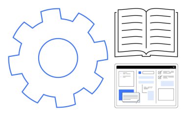 Gear süreci ve mekaniği sembolize eder, açık kitap öğrenme ve eğitimi temsil eder, dijital arayüz ekranı çevrimiçi kaynakları vurgular. Eğitim, teknoloji, iş akışı ve yenilik için ideal