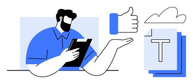 Mavi gömlekli adam pano tutuyor, baş parmak işareti, bulut ve belge simgelerinin yanında. Takım çalışması, üretkenlik, belge yönetimi, çevrimiçi depolama, iş akışı onayı basit iniş için ideal