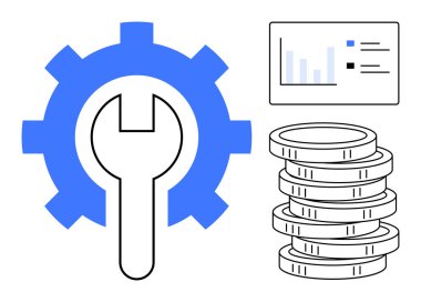İngiliz anahtarı optimizasyonu sembolize eden mavi dişli, madeni paraları temsil eden istiflenmiş bozuk paralar ve analitiği gösteren veri tablosu. İş, finans, planlama, strateji, araçlar, verimlilik yönetimi için ideal