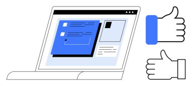 Dizüstü bilgisayarda formlar ve içeriklerle dijital bir arayüz gösterilirken, bir başparmak onay simgesi eşliğinde. Geri bildirim, onay akışı, kullanıcı deneyimi, çevrimiçi anketler, arayüz tasarımı, form sunumları için ideal