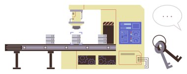 Fabrika makinesi, güvenlik kavramlarını sembolize eden anahtar elementlerin bulunduğu bir taşıma bandındaki öğeleri işliyor. Teknoloji, otomasyon, imalat, güvenlik, yenilik, fabrika sistemleri için ideal
