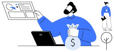 Profesyonel iş adamı finansal tabloları analiz ediyor, para çantasını dizüstü bilgisayarın yanında tutuyor. Finans, iş, yatırım, üretkenlik, başarı, girişimcilik konuları için idealdir. Minimalist daire