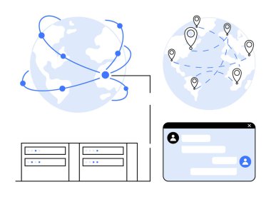 Bağlı konumlara, veri merkezi sunucularına ve mesajlaşma uygulamasına sahip Dünya. Ağ oluşturma, iletişim, lojistik, uzaktan çalışma, bulut çözümleri, küreselleşme ve basit iniş sayfası için ideal
